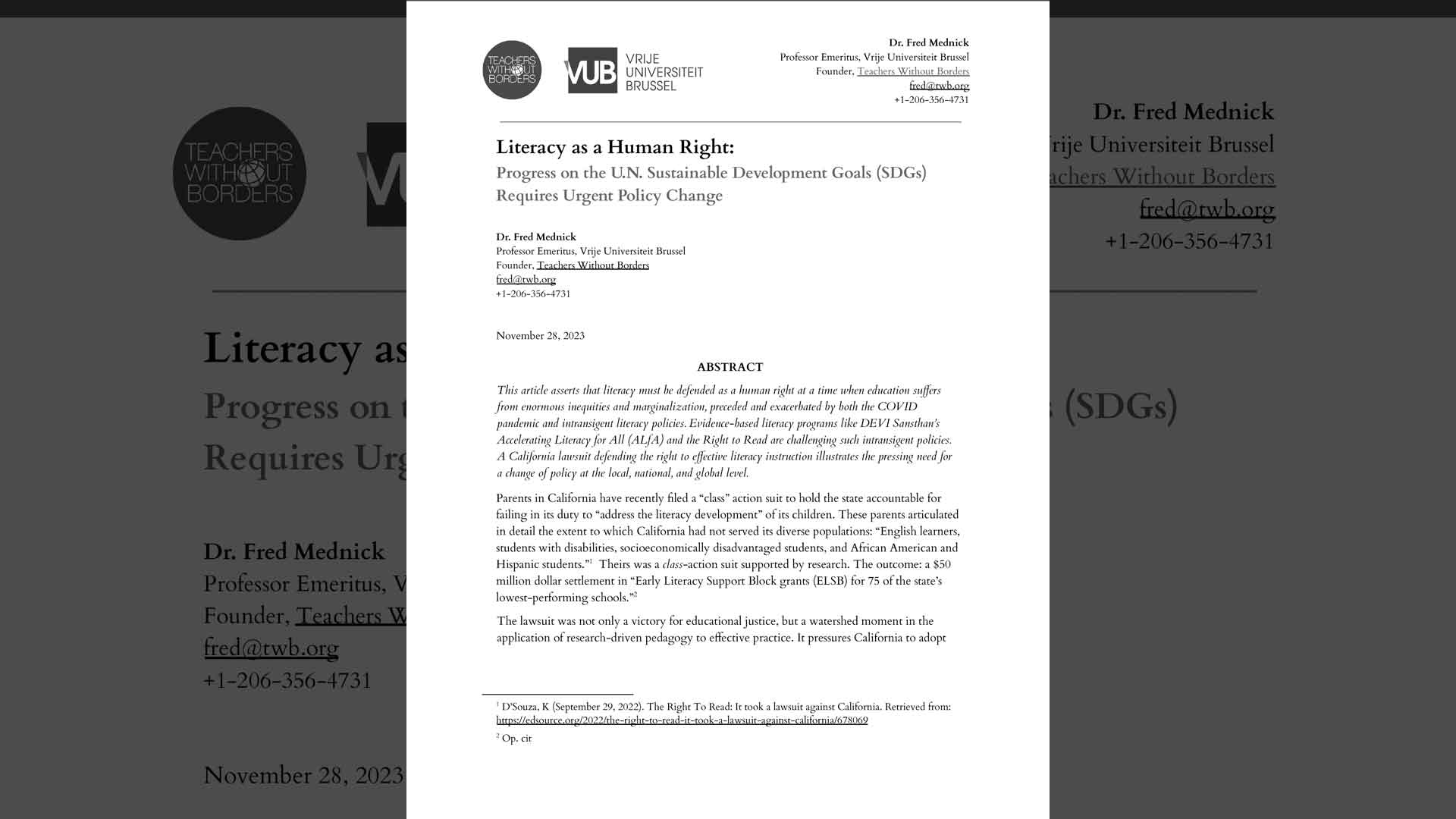 F. Mednick, Literacy as a Human Right, 2023
