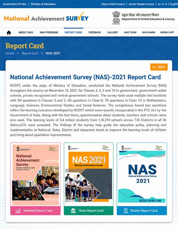 India Government National Achievement Survey Test Data, 2021